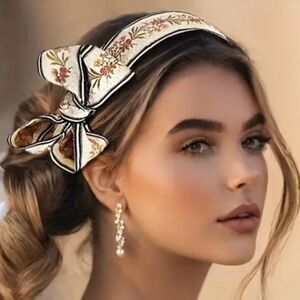 FREE PEOPLE Ecru Floral Embroidered Side Bow Headband | NWOT